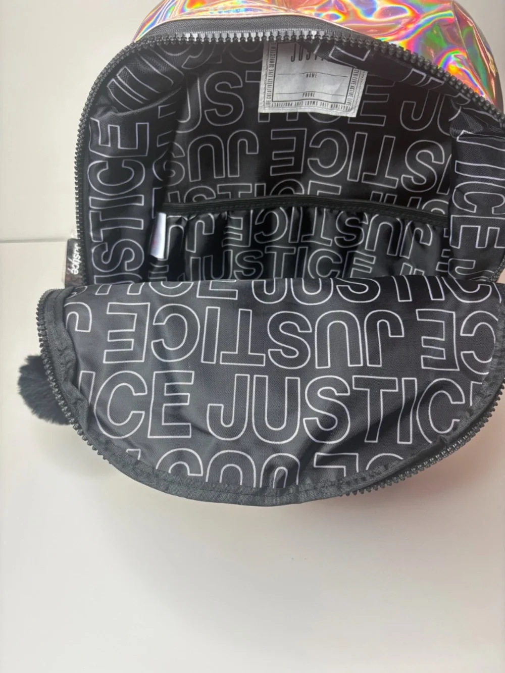 Justice Girls Holographic Iridescent Backpack Rose Gold Pom Pom NWT